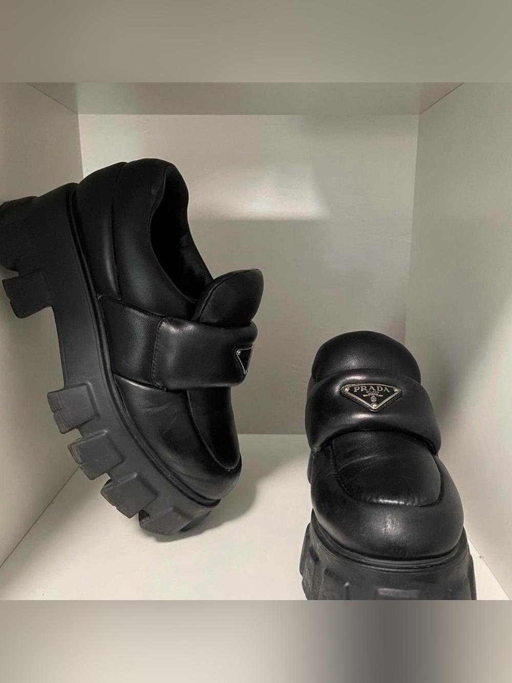 Prada Black Padded Leather Platform Slip-Ons
